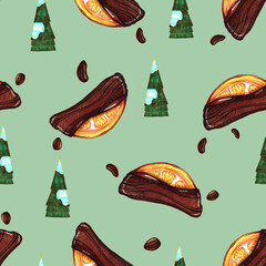 watercolor illustration seamless pattern,orange slices in chocolate with a graphic,green Christmas trees in the snow ,winter print for packaging
