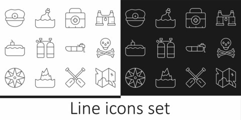 Set line Pirate treasure map, Skull on crossbones, First aid kit, Aqualung, Submarine, Captain hat, Inflatable boat with motor and Bottle message water icon. Vector
