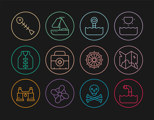 Set line Periscope, Pirate treasure map, First aid kit, Life jacket, Dead fish, Ship steering wheel and Yacht sailboat icon. Vector