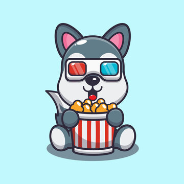 Cute wolf eating popcorn and watch 3d movie cartoon vector illustration.