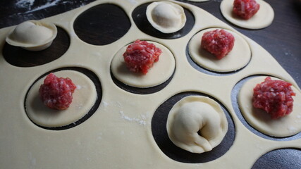 dumplings, a traditional dish of Russian cuisine, made of dough stuffed with minced meat, minced meat, cooking process, modeling, recipe