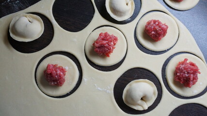 dumplings, a traditional dish of Russian cuisine, made of dough stuffed with minced meat, minced meat, cooking process, modeling, recipe