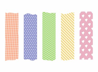 Washi tapes strips. Set of pieces of colored washi patterned ribbon isolated on white background. Scrapbook decoration. Vector illustration