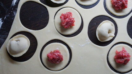 dumplings, a traditional dish of Russian cuisine, made of dough stuffed with minced meat, minced meat, cooking process, modeling, recipe