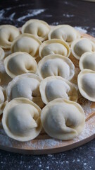 dumplings, a traditional dish of Russian cuisine, made of dough stuffed with minced meat, minced meat, cooking process, modeling, recipe