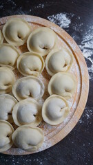dumplings, a traditional dish of Russian cuisine, made of dough stuffed with minced meat, minced meat, cooking process, modeling, recipe
