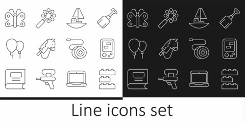 Set line Toy building block bricks, Tetris electronic game, boat, horse, Balloons, Butterfly, Yoyo toy and Rattle baby icon. Vector