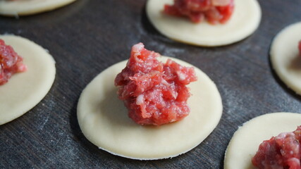 the process of cooking, modeling, recipe, dumplings, Traditional dish of Russian cuisine, round dough stuffed with minced meat, minced meat