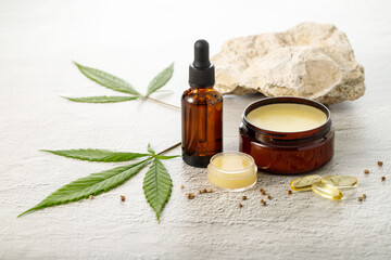 Hemp salve balm and relaxing CBD serum oil as a complex in the homeopathy  treatment