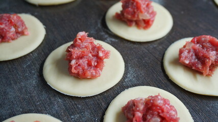 the process of cooking, modeling, recipe, dumplings, Traditional dish of Russian cuisine, round dough stuffed with minced meat, minced meat