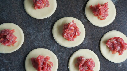 the process of cooking, modeling, recipe, dumplings, Traditional dish of Russian cuisine, round dough stuffed with minced meat, minced meat