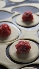 the process of cooking, modeling, recipe, dumplings, Traditional dish of Russian cuisine, round dough stuffed with minced meat, minced meat
