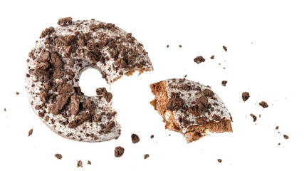 White chocolate glazed donut with cookies crumbs and creme filled flying.