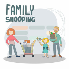 Family Cartoon Vector Characters Walking with Supermarket Shopping Cart Full of Food Products Isolated on White Background. Parents with Son Buying Groceries, Making Purchases in Shop