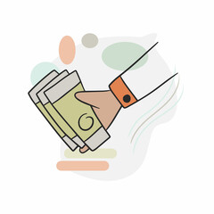 Shopping banknotes in hand. Different stuff from local market. Colored trendy vector illustration. Cartoon style. Flat design