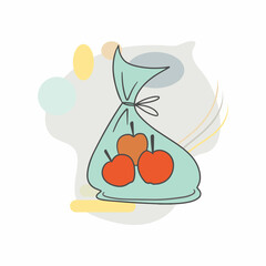 Shopping fruit eco bag. Different stuff from local market. Colored trendy vector illustration. Cartoon style. Flat design