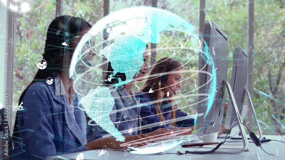 Poster customer support call center provide data in conceptual vision . business and communication technolo