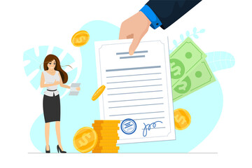 Satisfied businesswoman hold good financial notice. Positive decision and profitable money transaction conclusion. Joyful business woman with letter and money show thumbs up. EPS loan approval message