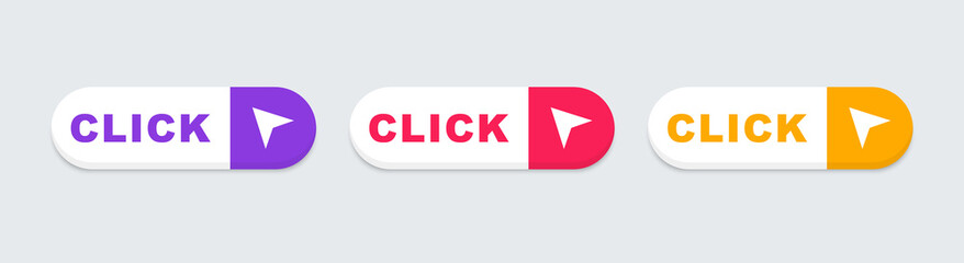 Click here web buttons. Click button with arrow. Clicking the icon. Action button click here with arrow pointer. Vector illustration.