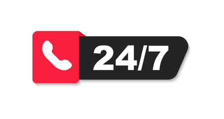 24 7 service. 24-7 open, concept with call icon. Phone Support 24 hours a day and 7 days a week. Support service. Vector Illustration.