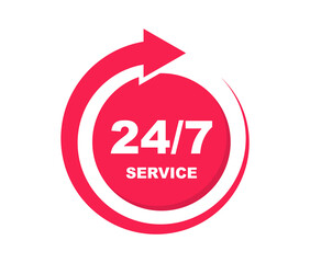 24 7 service. 24-7 open, concept with arrow icon. Support service 24 hours a day and 7 days a week. Vector Illustration. - obrazy, fototapety, plakaty
