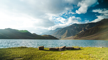 Beautiful Chandratal lake with blue sky, Himachal, India