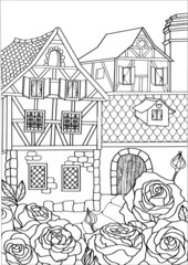 Coloring book page for adult and children. Vintage coloring page with roses garden and rustic half-timbered house.