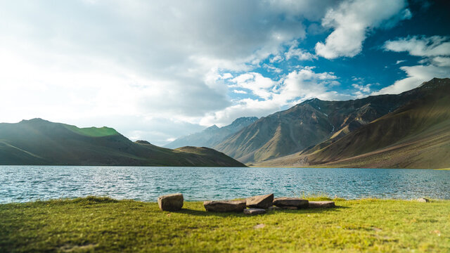 Beautiful Chandratal lake with blue sky, Himachal, India