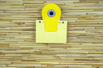 Bamboo background,Paper clip and paper notes or note pad.Texture board vintage background for design and decoration.
