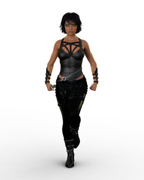 3D illustraion of a beautiful exotic dark haired fantasy woman assassin wearing black leather walking towards the camera holding a dagger isolated on white background.