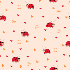 Cute seamless pattern with ladybugs and hearts in a flat Scandinavian style. Vector illustration for Valentine s day, fabric design, postcard, poster, wrapping paper. Love.
