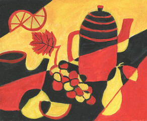 Still life with teapots and fruits drawn in the style of cubism in gouache on paper. Modern painting in three colors – red, black, yellow