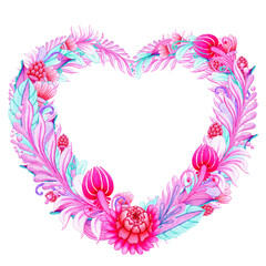 Heart frame made of pink, blue fantasy flowers. Wreath with place for text. Hand drawn watercolor painting isolated on white background.