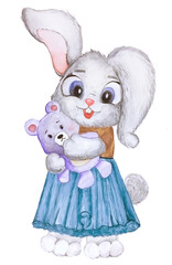 Fototapeta na wymiar Cute rabbit with a teddy bear. toy little bunny. watercolor card with a little rabbit.