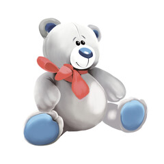 Fototapeta na wymiar Plush funny bear. Toy bear with a bow. Cute teddy sits.