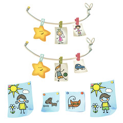 Funny stickers with children`s drawings. Decorations for the nursery compant. Drawings for the refrigerator.