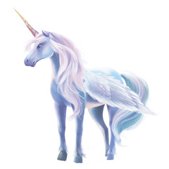 A beautiful sky blue unicorn. The large spreading wings of the unicorn are carried high into the sky. A magical and mysterious horse with wings and a horn.