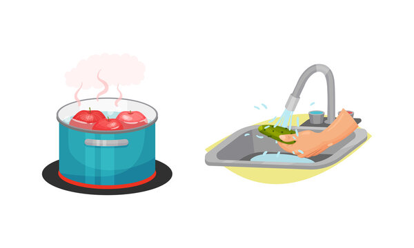 Washing Cucumber With Tap Water And Boiling Pot On Stove As Vegetable Cooking Process Vector Set