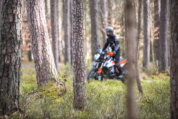 Reiseenduro Motorrad auf Feldweg durch Wald
