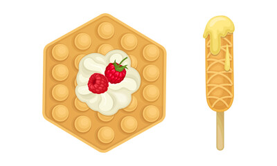 Waffle with Surface Impression Topped with Berry and Cream Vector Set
