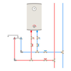 Electric storage water heater connection diagram. Vector illustration.