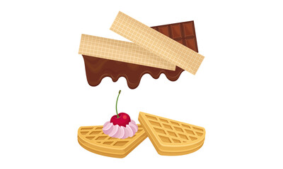 Waffle with Surface Impression Topped with Berry and Cream Vector Set
