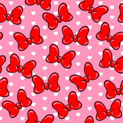 Red bow tie seamless vector pattern on pink background with little white hearts pattern.