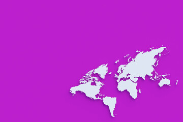 World map on violet background. Copy space. 3d render