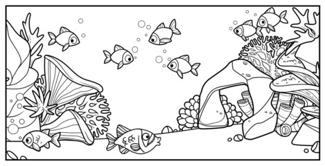 Naklejka premium Small fishes on the background of the seabed with stones, anemones and algae linear drawing for coloring on a white background