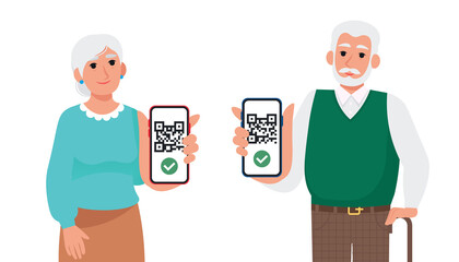 Elderly people showing qr codes on smartphones. Vaccination passport, digital certificate. Vector illustration in flat style