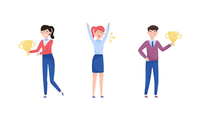 Excited Man and Woman Employee Cheering About Achievement and Prize Gaining Vector Set