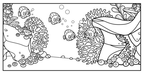 Fishes on the background of the seabed with stones, coral, anemones and algae linear drawing for coloring on a white background