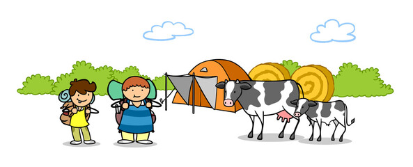 Fototapeta premium Kinder beim Camping neben Zelt und Kuh mit Kalb