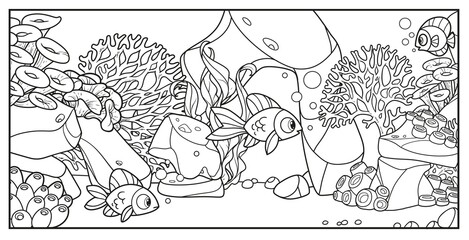 Cartoon sea fishes on the background of the seabed with stones, anemones and algae linear drawing for coloring on a white background